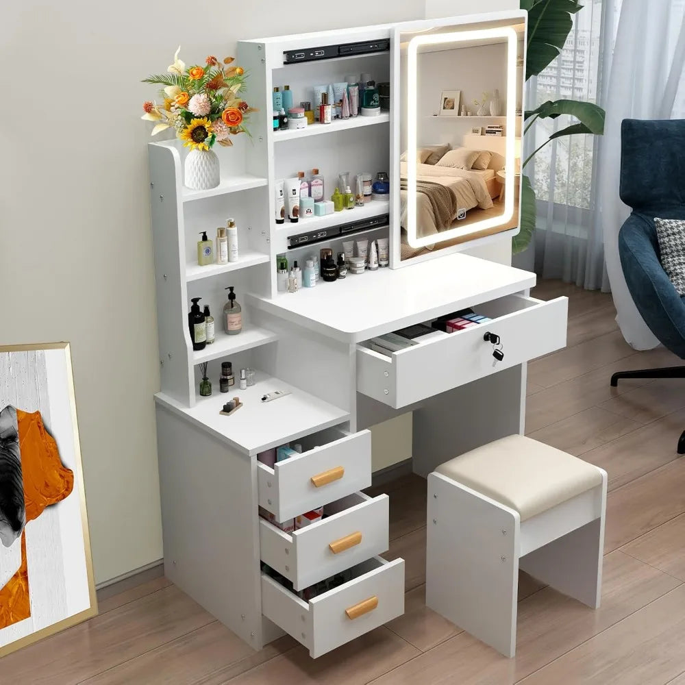 Vanity Desk with Mirror and Lights,3 Lighting Modes,European Style Dressing Table with Drawers,with Open Storage Shelves,Makeup