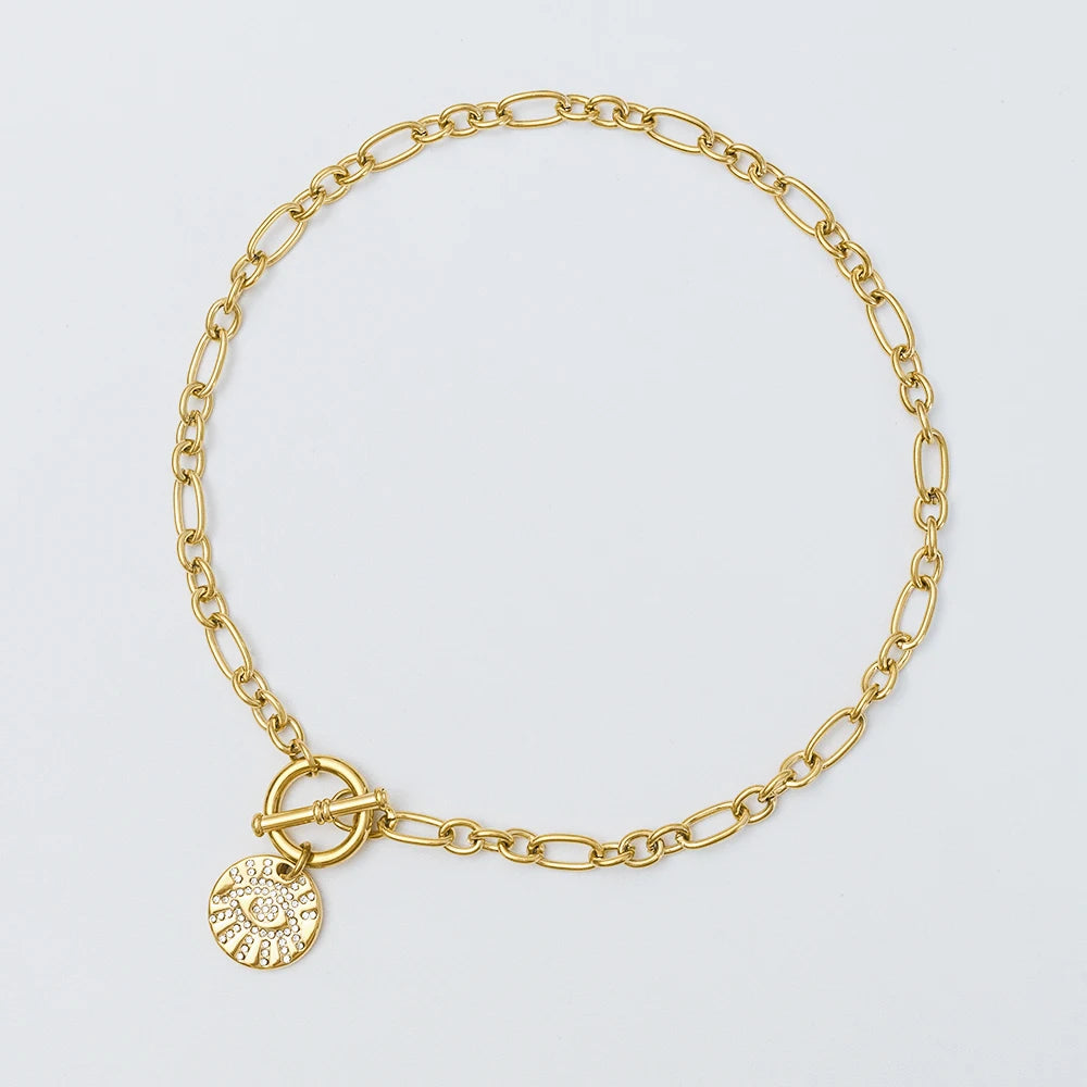 Trendy Stainless Steel Gold Plated Jewelry Sun Eyes Zircon O Chain OT Buckle Choker Waterproof Pendant Chain Necklace for Women