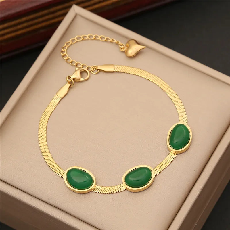Stainless Steel Simple Flat Snake Chain Emerald Stone Pendant Bracelet Necklace Earring Set Indian Jewelry