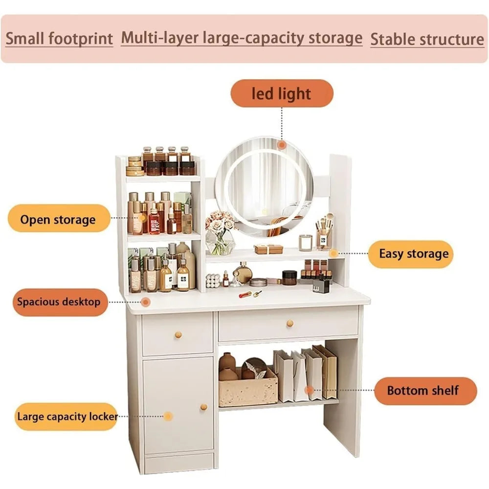 Dressing Table with Drawers, Vanity Desk with Mirror and Led Lights.