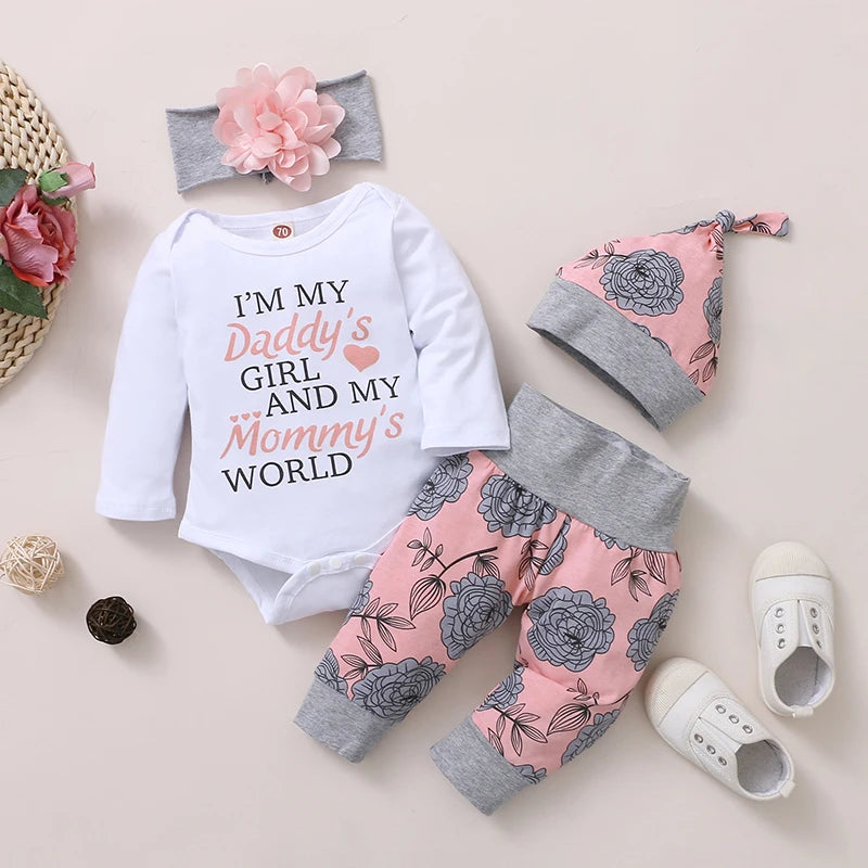Long Sleeve Romper Rose Pant with Hat & Headband