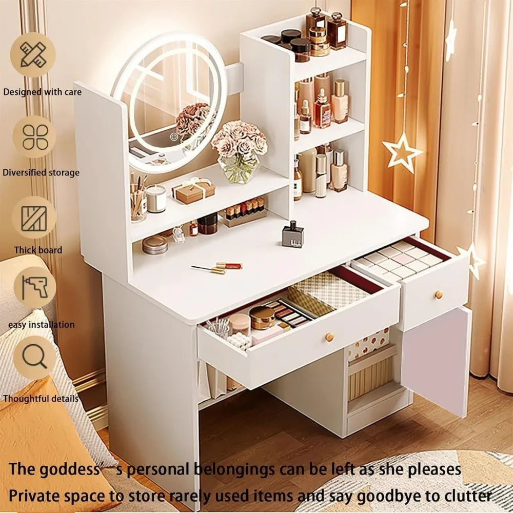 Dressing Table with Drawers, Vanity Desk with Mirror and Led Lights.