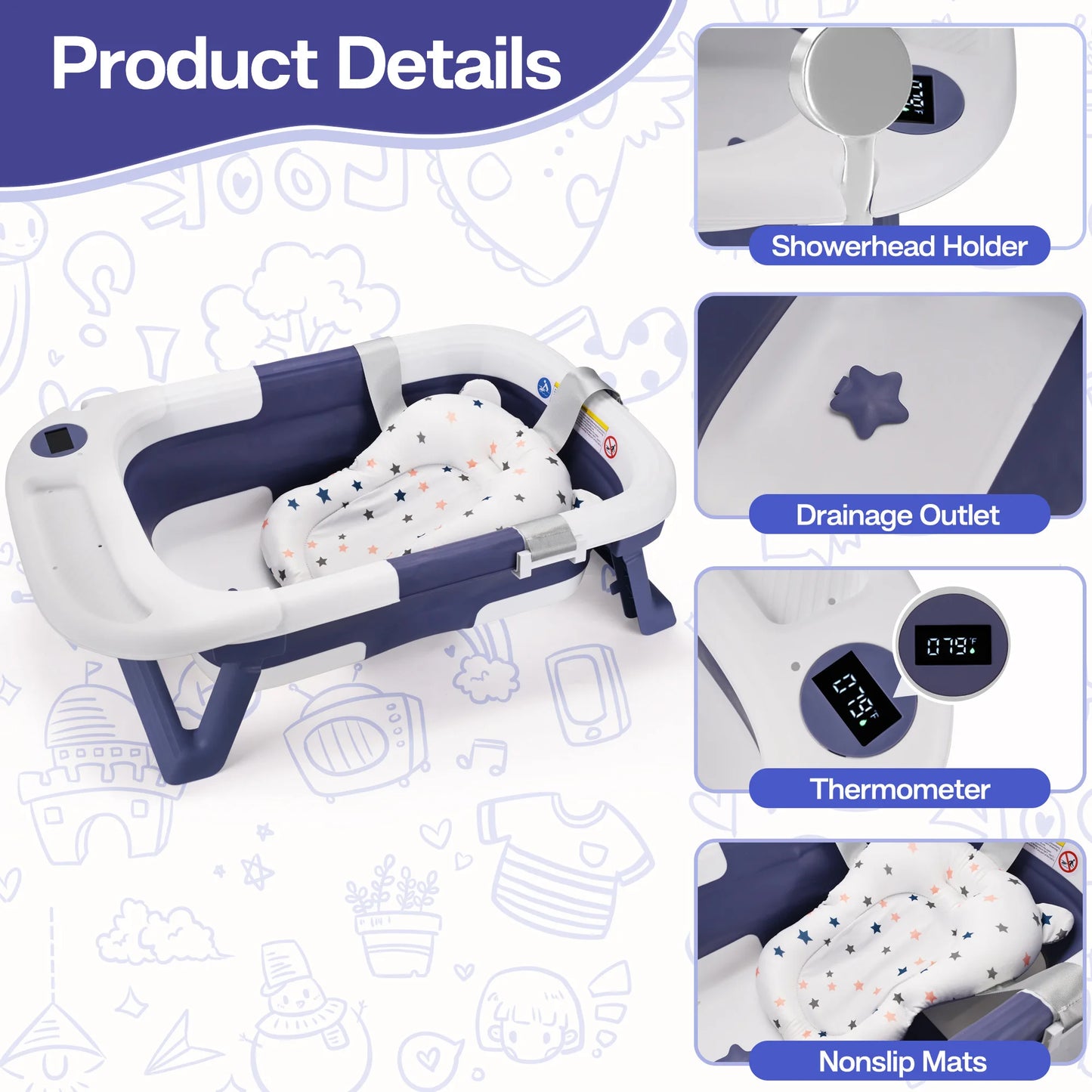 Baby Bathtub with Soft Cushion & Thermometer,