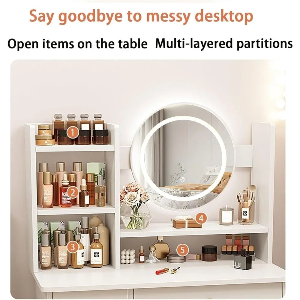 Dressing Table with Drawers, Vanity Desk with Mirror and Led Lights.