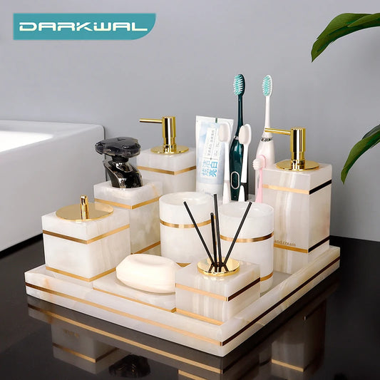 White Onyx Natural Marble Bathroom Accessories Set Gold Luxury Soap Dispenser Soap Dish Tray Toothbrush Holder Bathroom Set