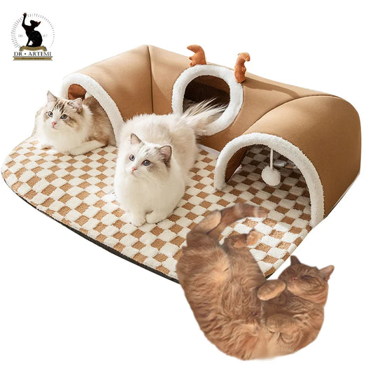 Warm Pet House Cat with Tunnel Bed