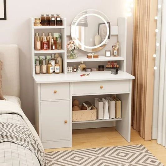 Dressing Table with Drawers, Vanity Desk with Mirror and Led Lights.