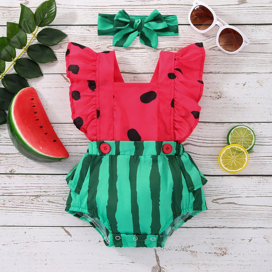 Bodysuit Outfits Watermelon Print Fly Sleeve Jumpsuit Headband Clothes