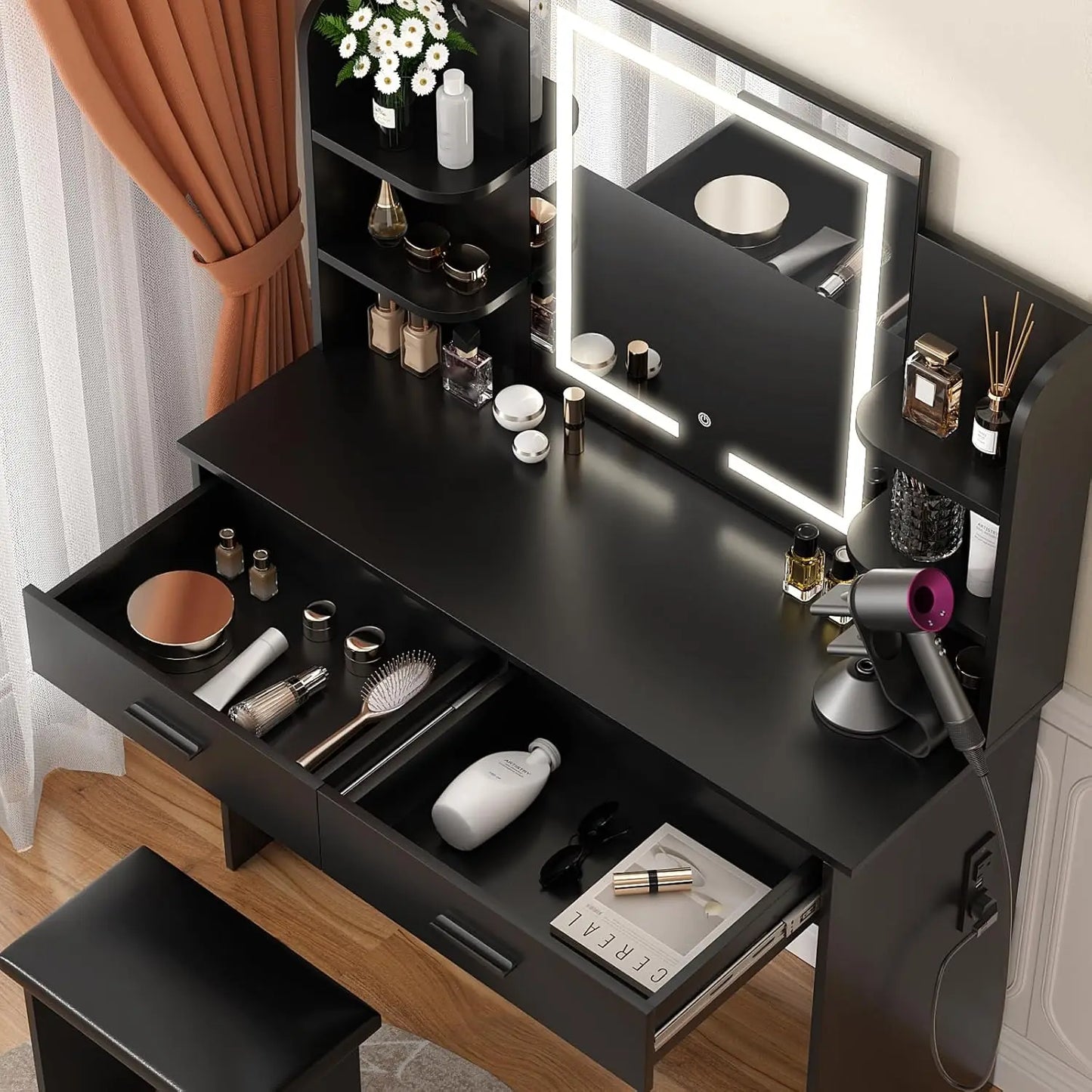 Vanity with Lighted Mirror, Makeup Vanity Desk with Power Outlet, 3 Color Light Options Adjustable Brightness, Black