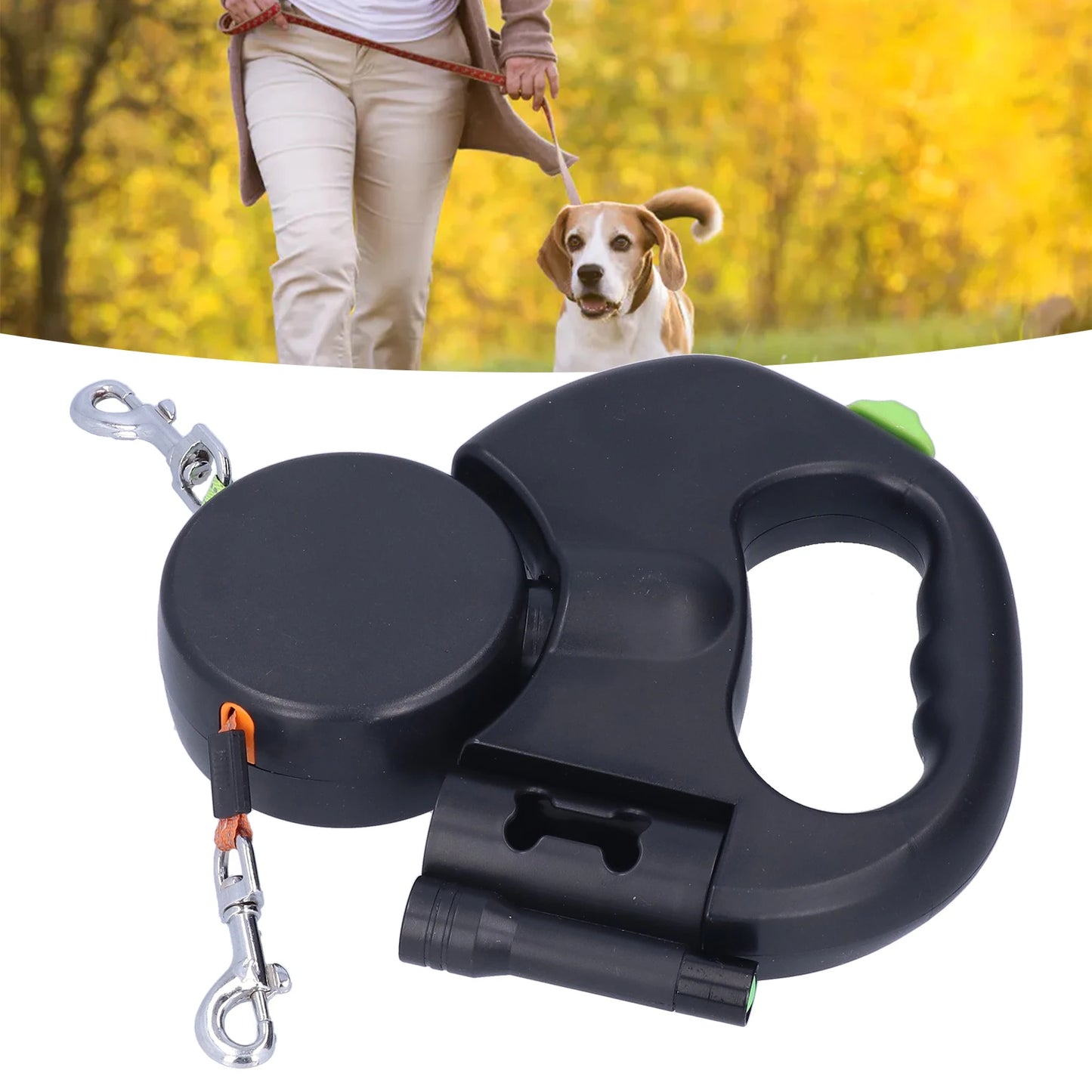 Automatic Retractable Pet Leash Double Dog Leash with Flashlight and Bag Dispenser