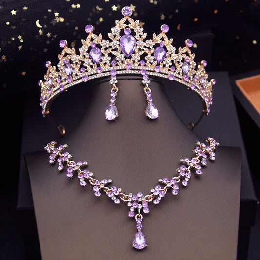 Princess Crown Bridal Jewelry Sets for Girls Blue Tiaras Choker Necklace Sets Bride Wedding Dress Prom Jewelry Accessories