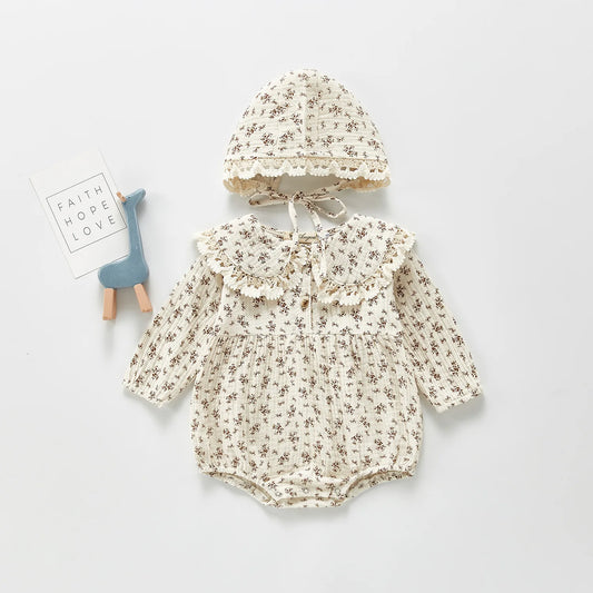 Romper +hat  Muslin Lapel Floral Rompers Kids Onepiece Fashion Baby Clothing